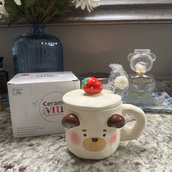 Other - Bear Korean Ceramic Mug with Strawberry Lid & Spoon